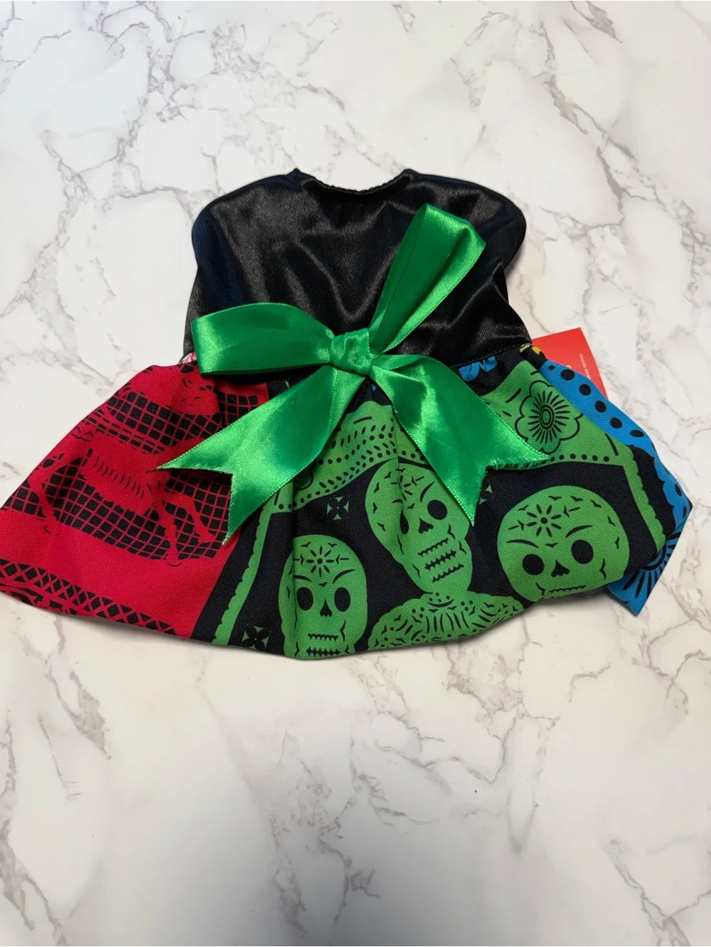 Pet Warrior Dog/Cat Day of the Dead Skull Costume Dress with Green Bow.